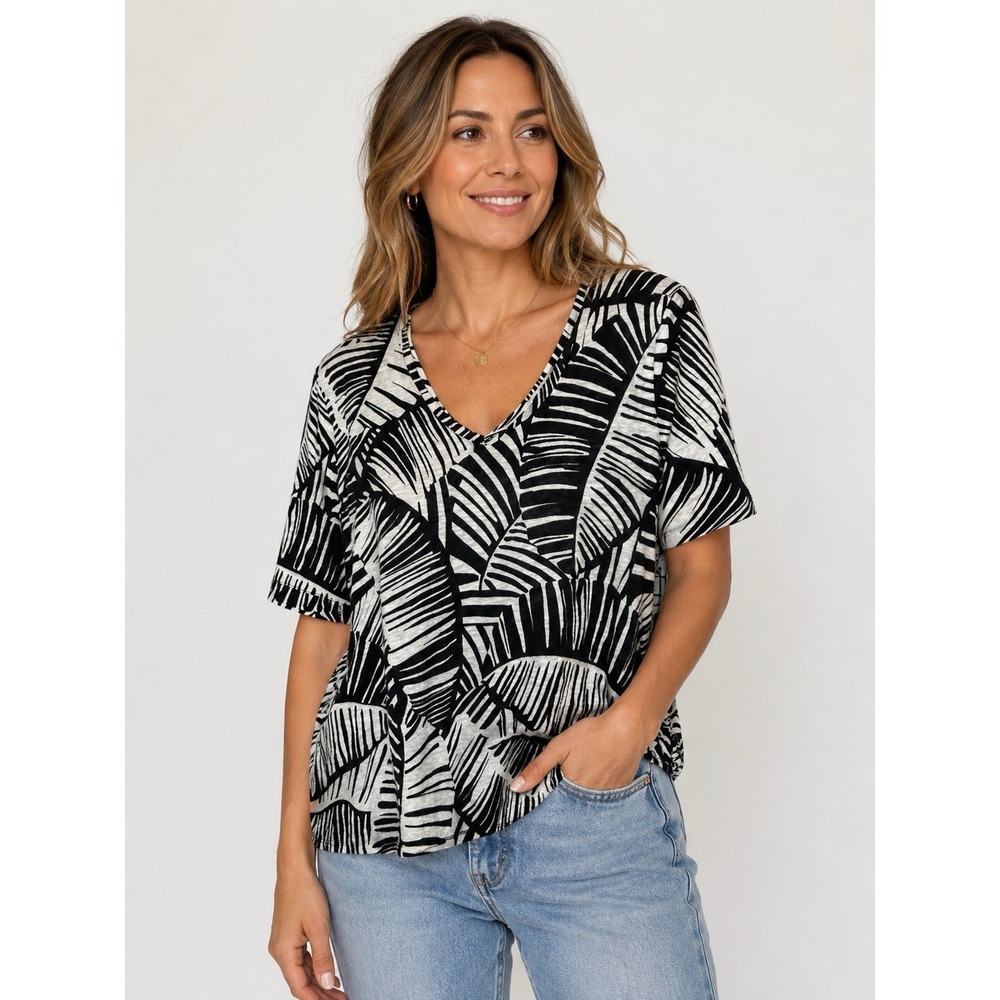 Chico's Black White 100% Linen V-Neck Short Sleeve Top Blouse US Large Size 2